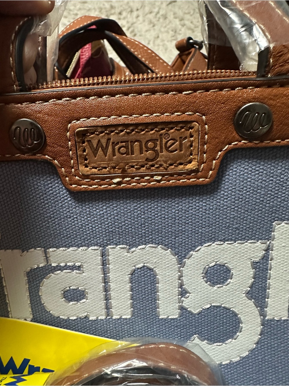 Wrangler Light Blue Canvas Mini Tote with Brown Trim and White Logo - Picture 7 of 10